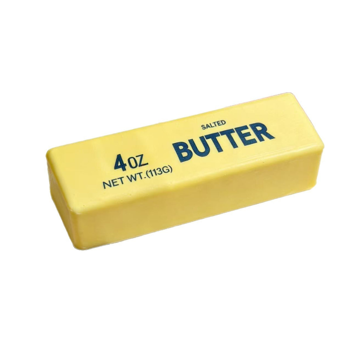 Petit squishy en forme de bâton de beurre jaune sur fond blanc